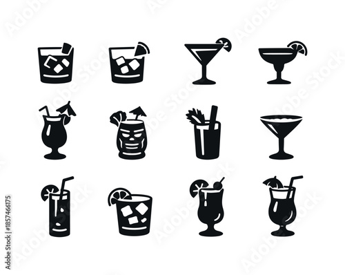 Cocktail Icon Set. Cocktails. Solid icon set of cocktails: negroni glass, old fashioned, cosmopolitan, daiquiri, whiskey sour, pina colada, mai tai, bloody
