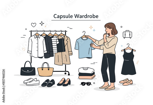 Timeless Wardrobe Choices. Capsule wardrobe concept. A small selection of timeless clothing items displayed with a thoughtful character choosing pieces, sense