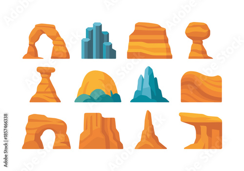Colorful Rock Icon Set. Rock Formations and Natural Architecture. Colorful flat vector icons set of rock formations and natural architecture: sandstone arch,