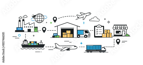 Global Supply Network. International supply chain. A visual flow of factories, warehouses, and transport icons connected across regions. Smooth coordination