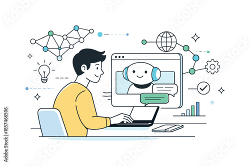 Friendly AI Interaction. Artificial intelligence innovation. Character working with a friendly AI interface, neural shapes and data points gently surrounding