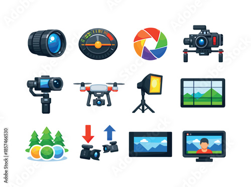 Colorful Cinematography Icons. Cinematography. Colorful flat vector icons set of Cinematography: camera lens, focus ring, aperture blades, camera rig, gimbal