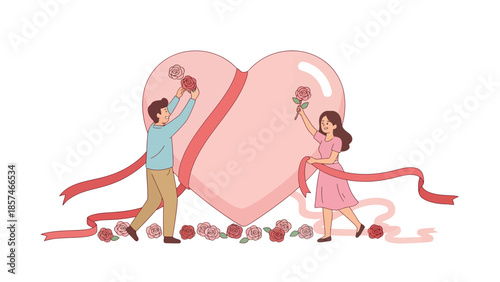 Illustration of a romantic couple decorating a large pink heart with ribbons and gifts on Valentine's Day against a clean white background.