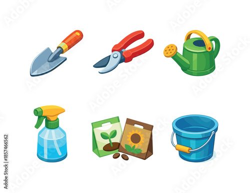 Balcony Garden Tools. Balcony gardening tools. Isometric flat vector icons set of Balcony gardening tools: hand trowel, pruning scissors, watering can, spray