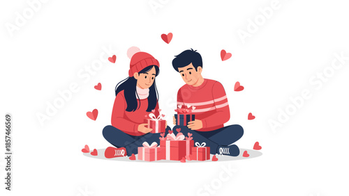 A young romantic couple exchanges gifts on Valentine's Day, surrounded by roses and heart patterns in a joyful and loving atmosphere.