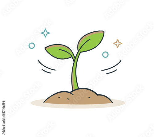 Sprouting Hope Illustration. Seeds sprouting concept illustration. A single sprout rising from the ground with gentle motion lines and small decorative dots.