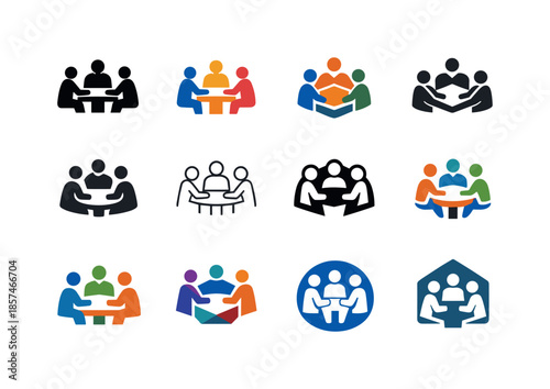Coworking Logo Variations. coworking. Icon set. Set Logo of coworking: people collaborating at table. harmonious logo variations of the same emblematic