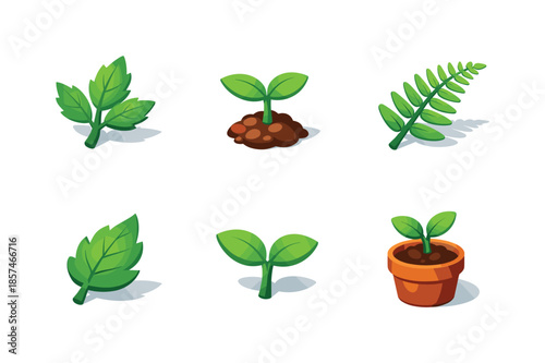 Spring Botanical Icons. Botanical spring. Isometric flat vector icons set of botanical spring: herb leaf, garden sprout, leaf pair on stem, fern frond, wild