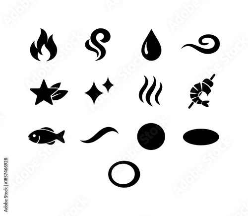 Shrimp Skewer Icons. Shrimp skewer decorative symbols. Solid icon set of shrimp skewer decorative symbols: flame rise, smoke curl, droplet, swirl line, garnish