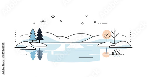 Frozen Minimalist Tranquility. Winter minimal landscape. A frozen lake with smooth ice and simple reflections, surrounded by minimal trees and soft snow
