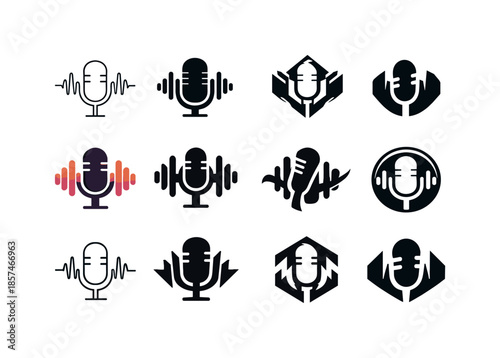 Singing Performance Icons. Singing at live performances and concerts. Icon set. Set Logo of Singing at live performances and concerts: sound waves from