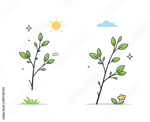 First Spring Leaves. First green leaves. A calm editorial scene where small fresh leaves appear on simple branches. The illustration captures early spring,