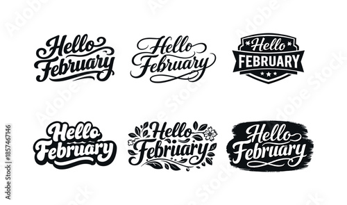 Hello February Variations. Hello February. Set lettering. harmonious lettering variations of the same emblematic concept, each with different