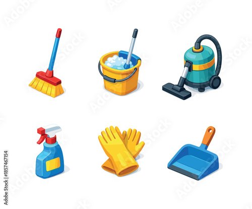 Spring Cleaning Icons. Spring Cleaning Tools. Isometric flat vector icons set of Spring Cleaning Tools: broom, mop bucket, vacuum cleaner, spray bottle,