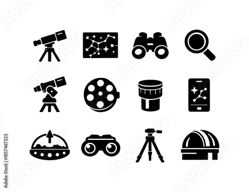 Planet Observation Icons. Planet observation tools. Solid icon set of planet observation tools: telescope, star chart, binoculars, lens icon, tracking mount,