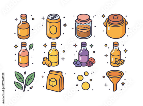 Kombucha Icon Set. Kombucha. Colorful isometric vector icons set of Kombucha: kombucha bottle, kombucha can, SCOBY jar, fermentation crock, flavored kombucha,