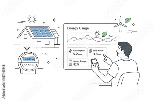 Smart Energy Dashboard. Smart energy management. A homeowner reviewing energy usage on a dashboard while solar panels and smart meters are gently highlighted.