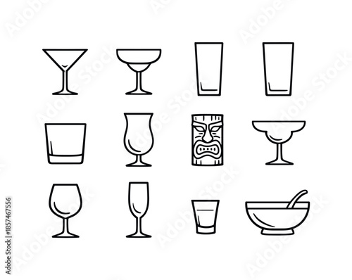 Cocktail Glasses Icons Set. Cocktail glasses. Line icon set of Cocktail glasses: martini glass, coupe glass, collins glass, highball glass, rocks glass,