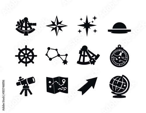 Celestial Navigation Icons. Celestial navigation. Solid icon set of celestial navigation: sextant, compass rose, North Star, horizon line, ship