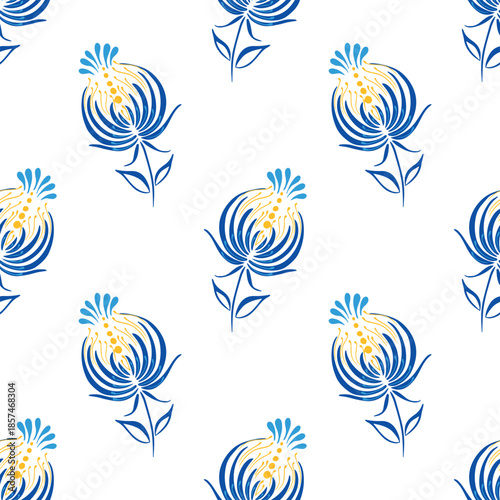 Seamless Pattern with Blue Flowers in Traditional Ukrainian Petrykivka Folk Art Style