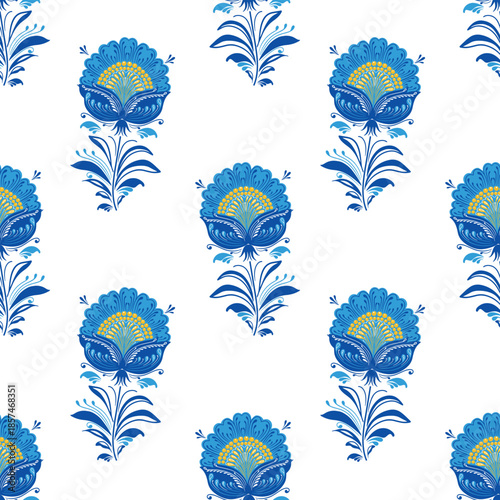 Seamless Pattern with Blue Flowers in Traditional Ukrainian Petrykivka Folk Art Style
