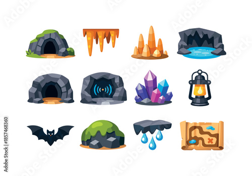 Colorful Cave Icons. Caves and caverns. Colorful flat vector icons set of caves and caverns: cave entrance, stalactites, stalagmites, underground lake, rock
