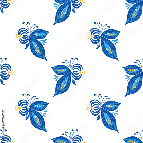Seamless Pattern with Blue Flowers in Traditional Ukrainian Petrykivka Folk Art Style