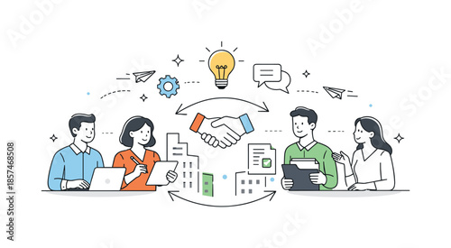 Collaborative Teamwork Illustration. Cross-company collaboration. Two teams exchanging ideas and documents across a shared space. Balanced partnership and