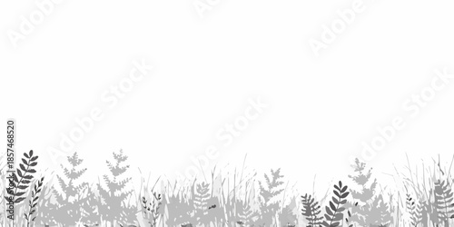 A minimalist grayscale illustration of foliage and grasses against a white background