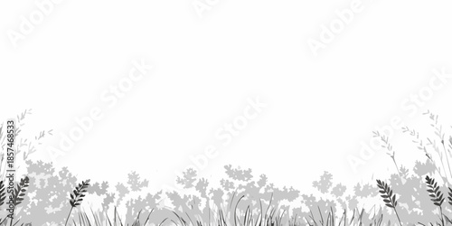 A minimalist illustration of grasses and wildflowers in grayscale tones