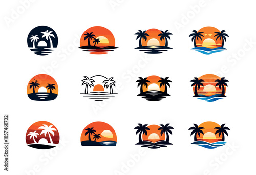 Sunset Logo Variations. Sunset. Icon set. Set Logo of sunset: palm tree sunset silhouette. harmonious logo variations of the same emblematic concept, each with