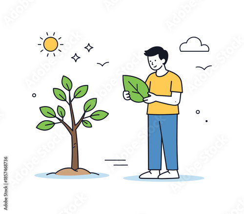Sustainable Action Illustration. Environmental Renewal. A person standing near a small tree with fresh leaves, holding a simple leaf icon. The scene reflects