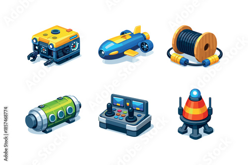 Underwater Tech Icons. Underwater technology. Isometric flat vector icons set of underwater technology: remotely operated vehicle, autonomous underwater drone,