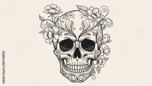 Decorative Skull with Floral Ornaments Illustration.