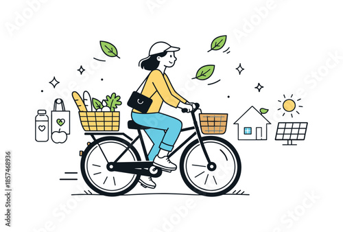 Eco-Friendly Riding. Eco-Friendly Lifestyle Spring. Editorial-style scene with a person riding a bike or carrying a reusable bag, green leaves floating around,
