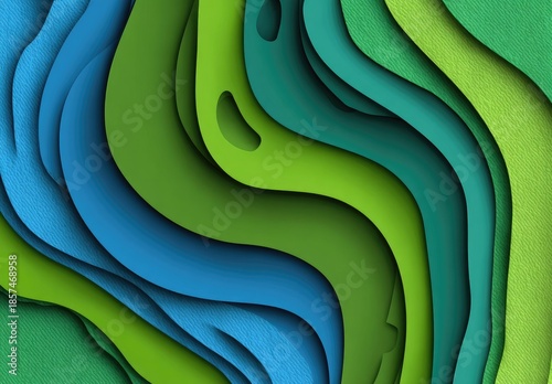 Abstract layered paper art design in shades of blue and green