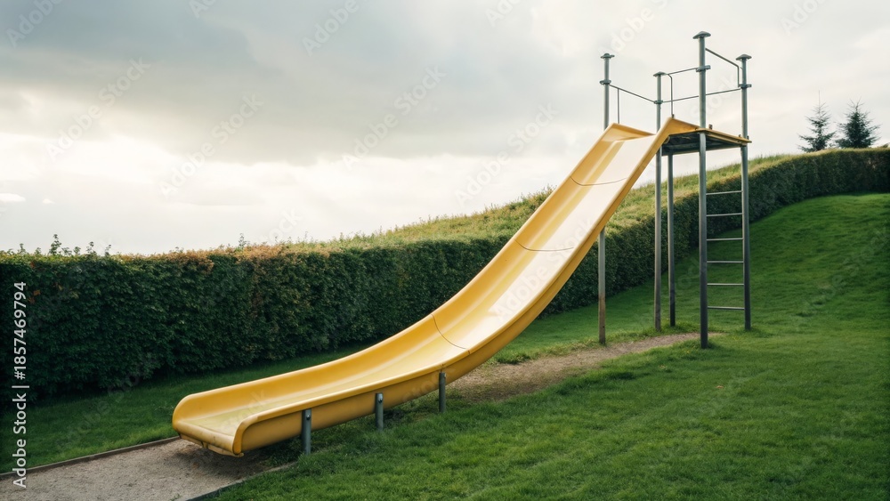 Fototapeta premium Bright Yellow Slide on Grassy Hill