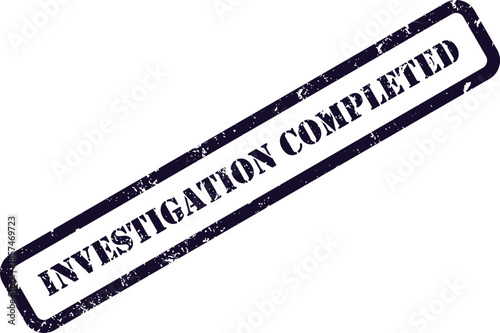 A dark purple textured rubber stamp impression clearly stating INVESTIGATION COMPLETED on a plain white background