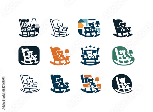Rocking Chair Icons. A comfortable rocking chair in a nursery or reading room. Icon set. Set Logo of a comfortable rocking chair in a nursery or reading room: