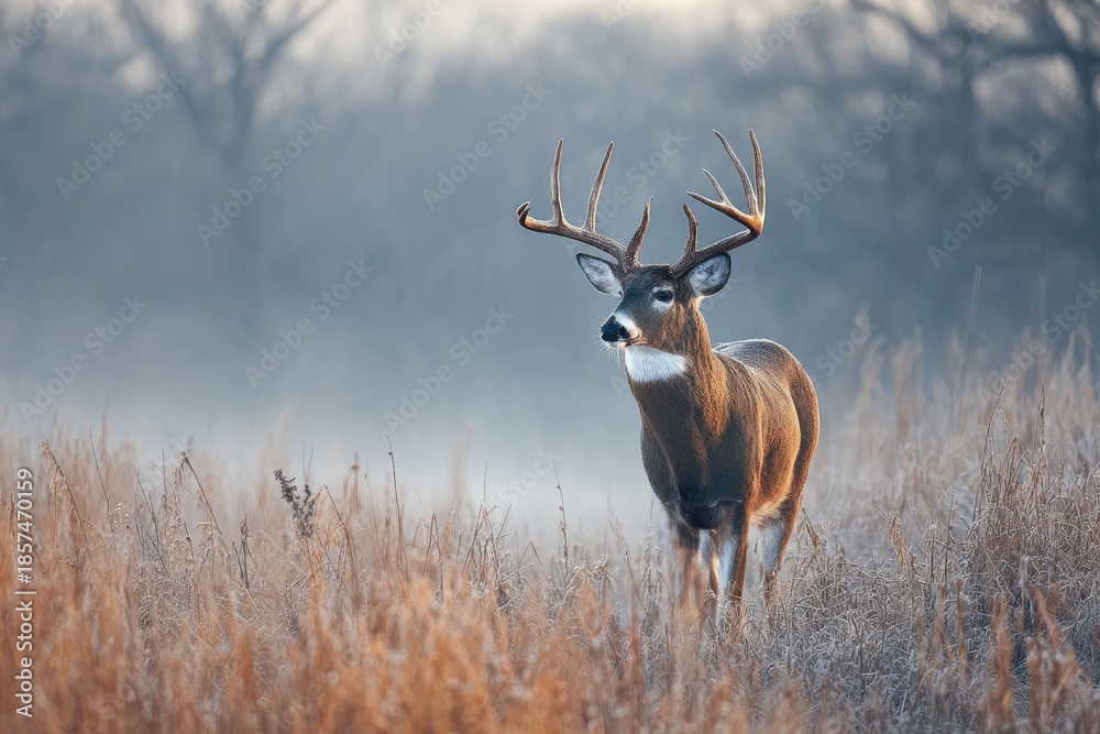 Fototapeta premium Majestic buck standing in a field at dawn with impressive antlers