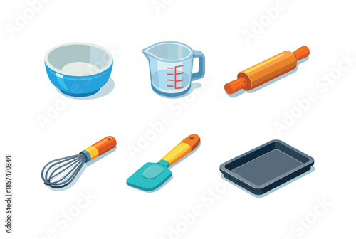 Baking Tools Icons. Kitchen Baking Tools. Isometric flat vector icons set of kitchen baking tools: mixing bowl, measuring cup, rolling pin, whisk, silicone