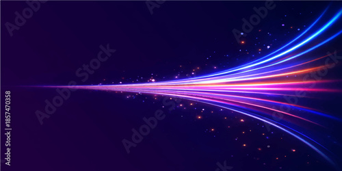 Abstract blue background with stars featuring a futuristic wave design of glowing purple lines and colorful light motion on a dark night space backdrop