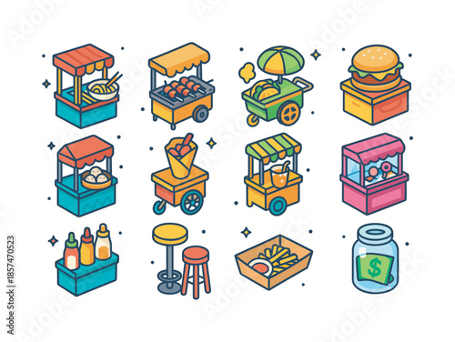 Colorful Street Food Icons. Street food stalls. Colorful isometric vector icons set of Street food stalls: noodle stand, skewer grill, taco cart, burger stand,