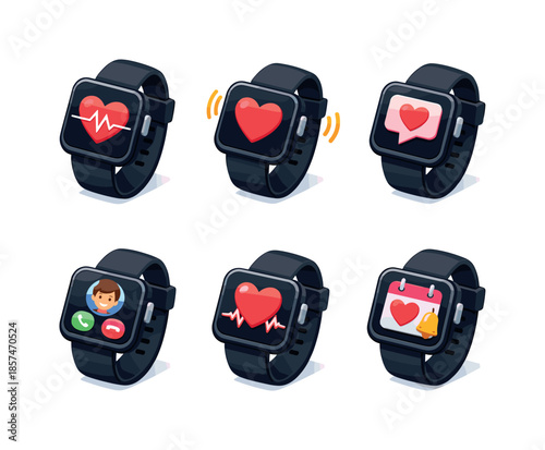 Smartwatch Love Alerts Grid. Smartwatch love alerts. Isometric flat vector icons set of smartwatch love alerts: smartwatch with heart pulse alert, vibrating
