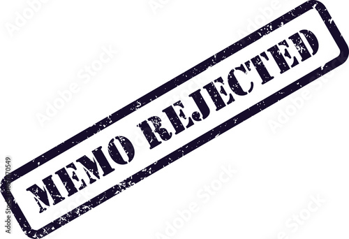 A distressed dark purple rubber stamp impression displaying the words MEMO REJECTED diagonally on a white surface