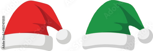 Set of Christmas Red Santa Hat and Green Elf Hat Isolated Vector