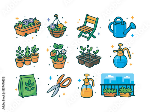 Balcony Gardening Icons. Balcony gardening. Colorful isometric vector icons set of Balcony gardening: rail planter, hanging flower basket, folding garden