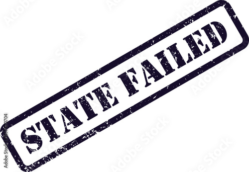 A distressed purple rubber stamp impression diagonally displays the critical message STATE FAILED on a white surface