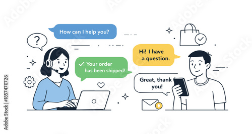 E-commerce Support Interaction. Customer support in e-commerce. A support agent chatting with a customer through dialog bubbles and help icons. Friendly