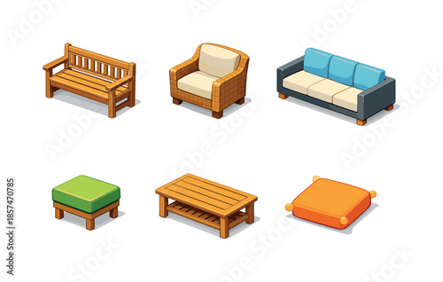 Colorful Garden Seating. Garden seating. Isometric flat vector icons set of Garden seating: wooden bench, wicker armchair, outdoor sofa, footstool, coffee